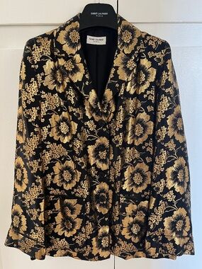 Saint Laurent SS21 Black & Gold Metallic Floral Jacquard Blazer Jacket F38